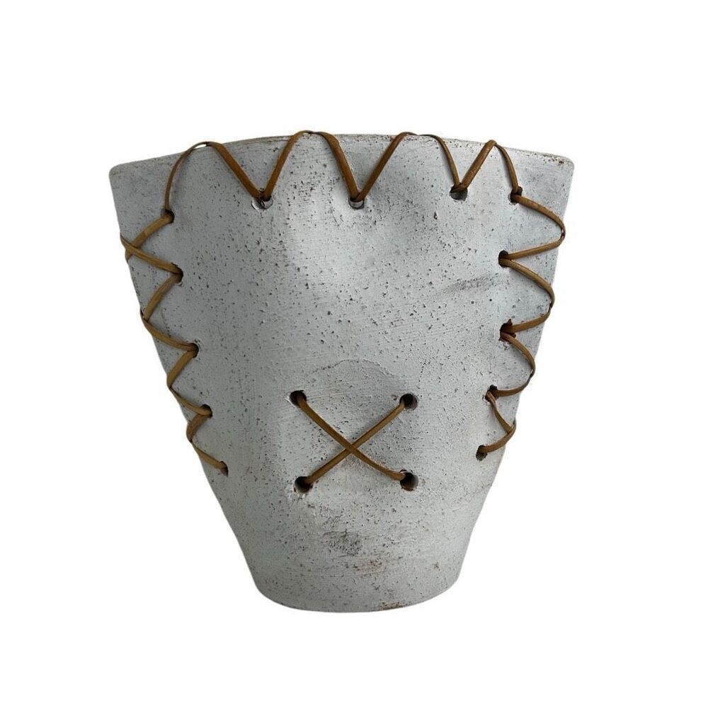 Vintage Minimalist Asian Pottery Vase 7 3/4" White Ceramic with Woven Rattan